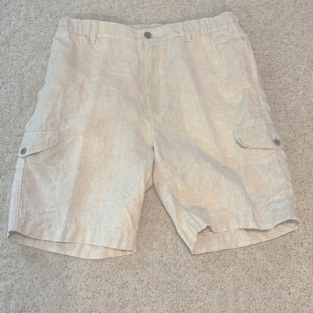 Caribbean 100% Linen Men's Beige Cargo Shorts Size 34 (tagged36) with Drawstring